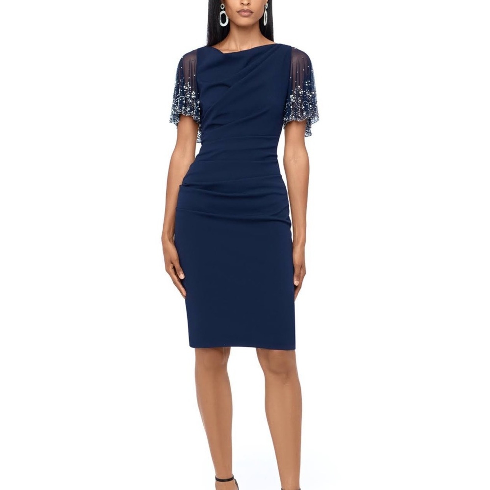 Betsy & Adam Navy Blue Silver Beaded Short Scuba Ruched Crepe Dress Sz 4 Nwt New